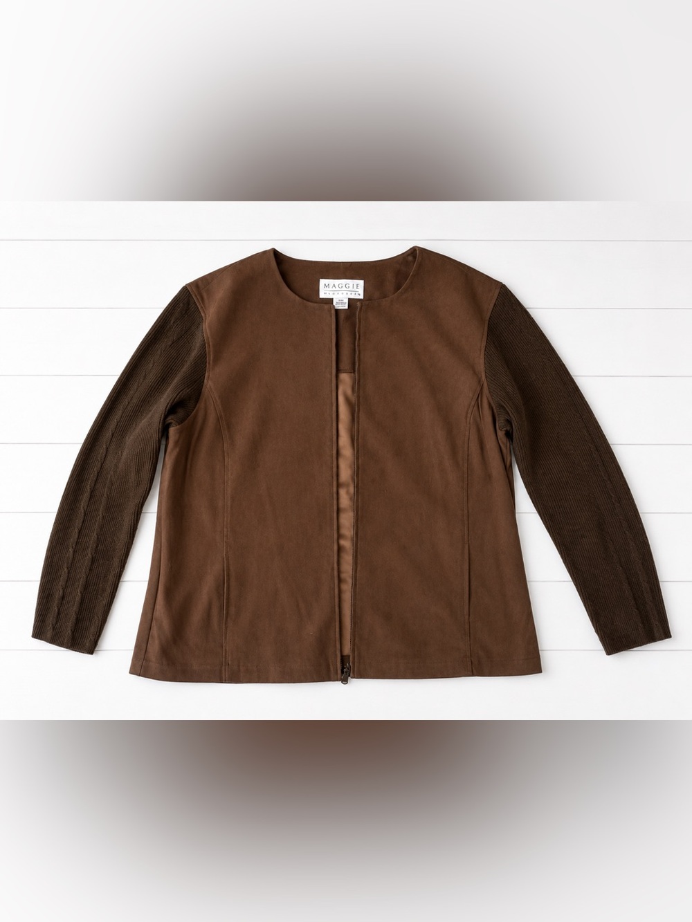 Maggie Brown Mixed-Media Leather Collarless Jacket